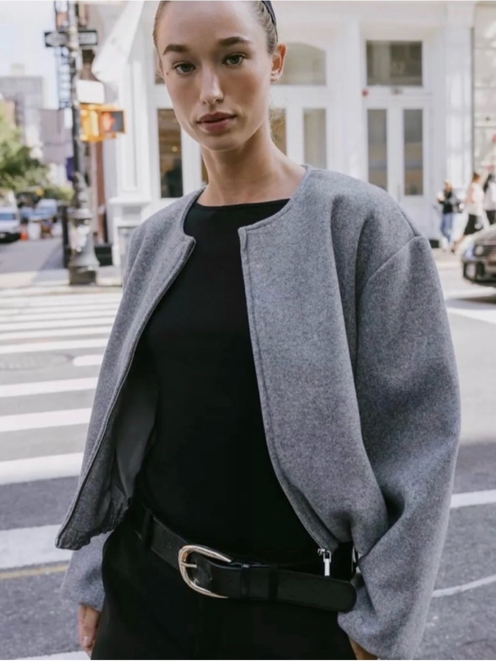 Zara Grey Collarless Bomber Jacket